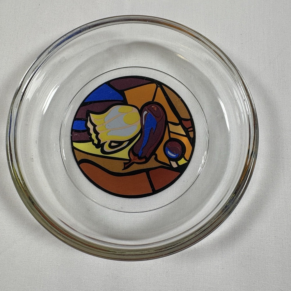 Vintage Glass Candle Holder Trinket Dish Colorful Abstract Fish Art Ashtray 3.5"